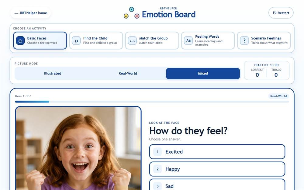 The Emotion Identification board showing a practice question